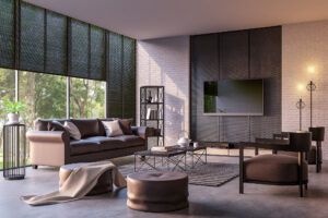 Modern loft living room with nature view 3d rendering image Furnished with dark brown leather and black steel furniture has white brick walls and large windows look out to nature.
