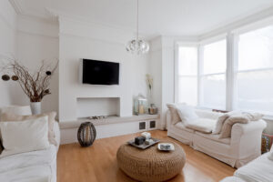 House reception room or lounge with white furnishings and decor
